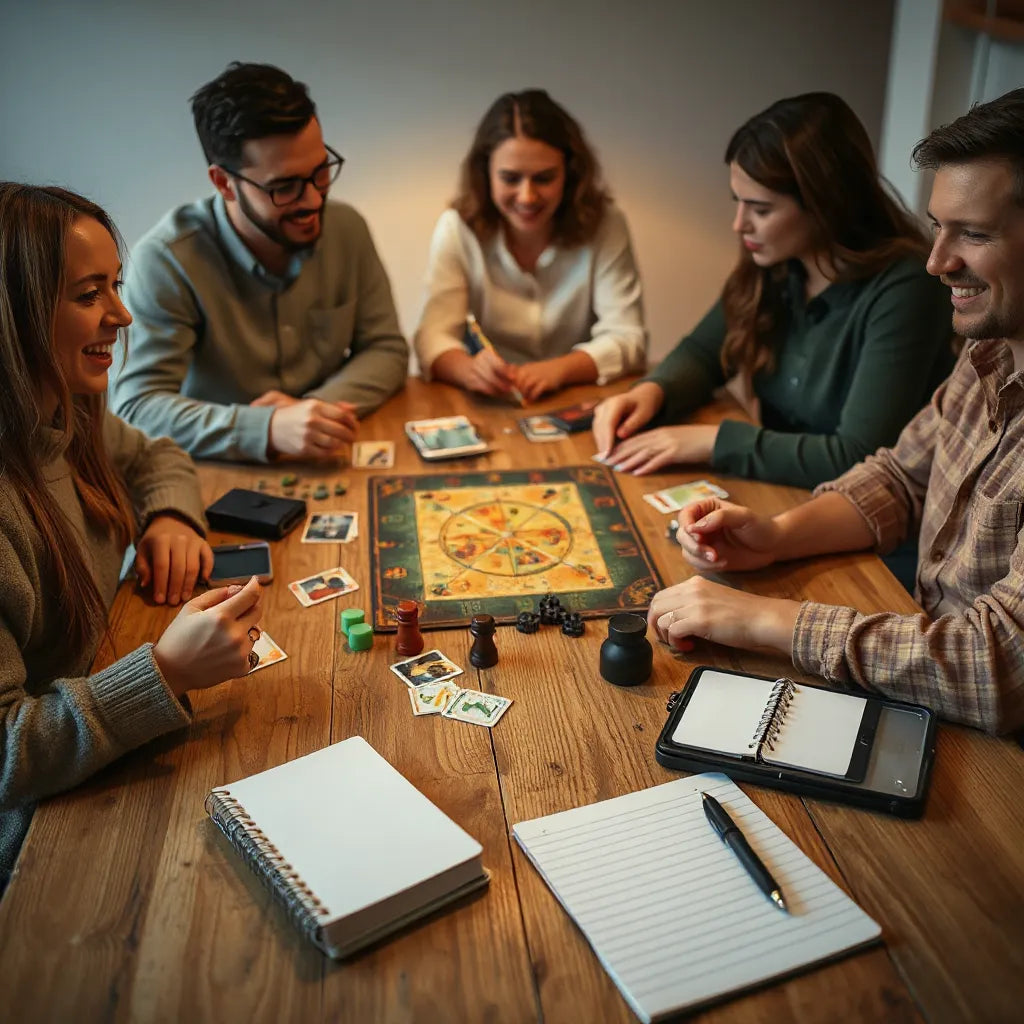 Sällskap spelar strategiskt brädspel vid bordet med spelkort och markerade drag