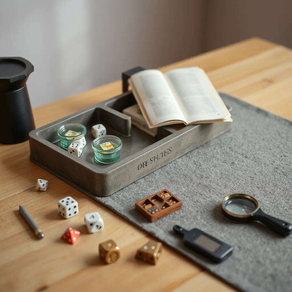 Neatly arranged game tools on a tabletop, including dice tray, dice, and storage containers