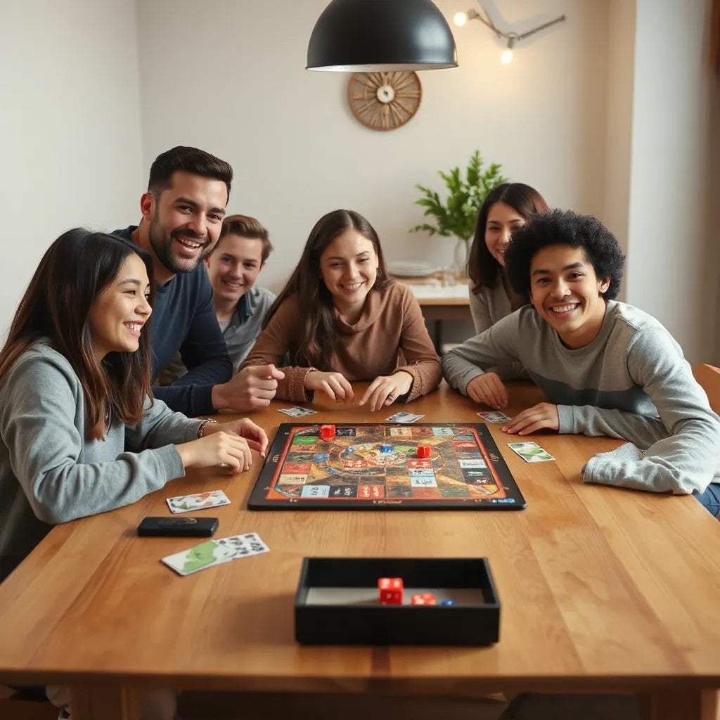 Vänner samlas runt ett bord och spelar ett modernt sällskapsspel med kort och spelpjäser