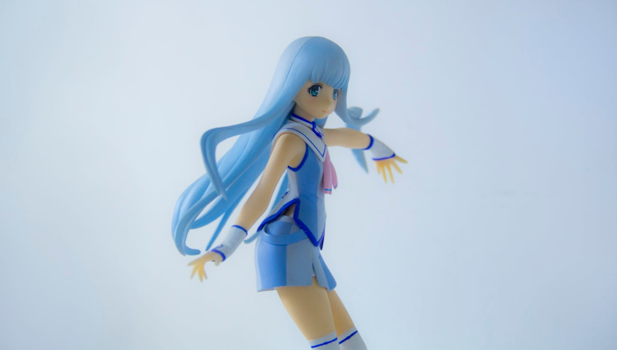 female anime character with blue dress and hair illustration