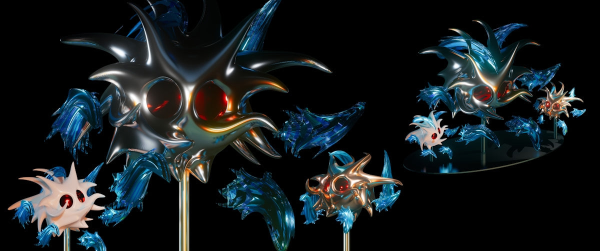 a bunch of strange looking objects on a black background