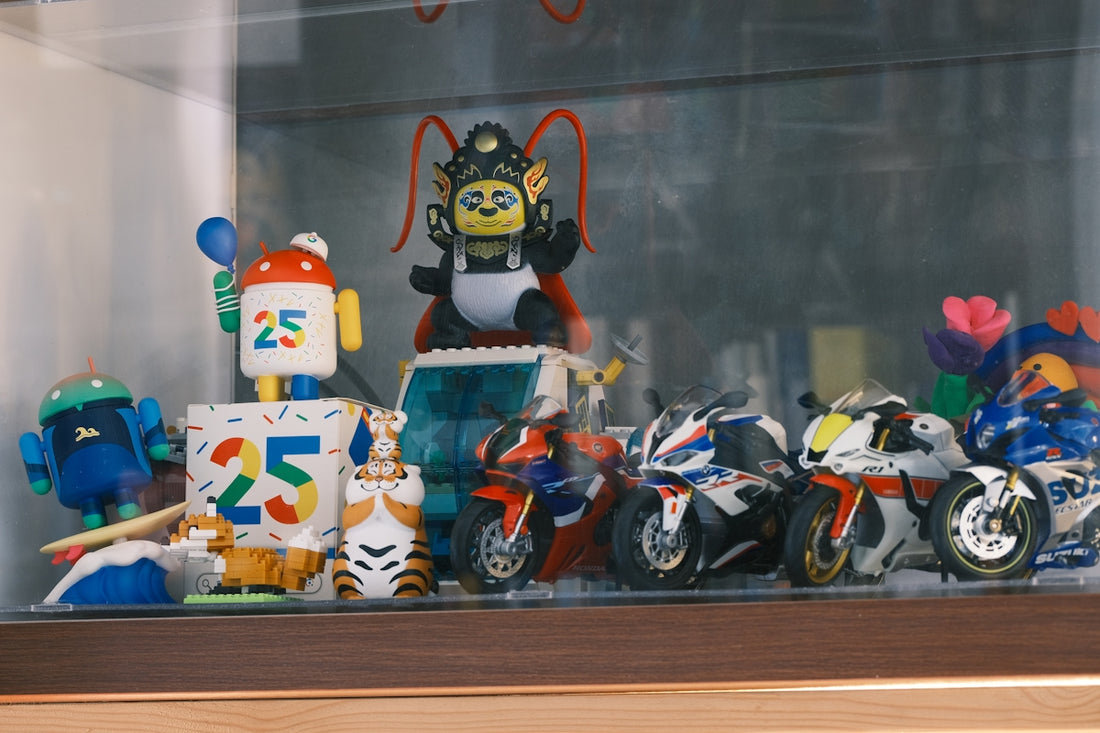 a bunch of toys that are on a shelf