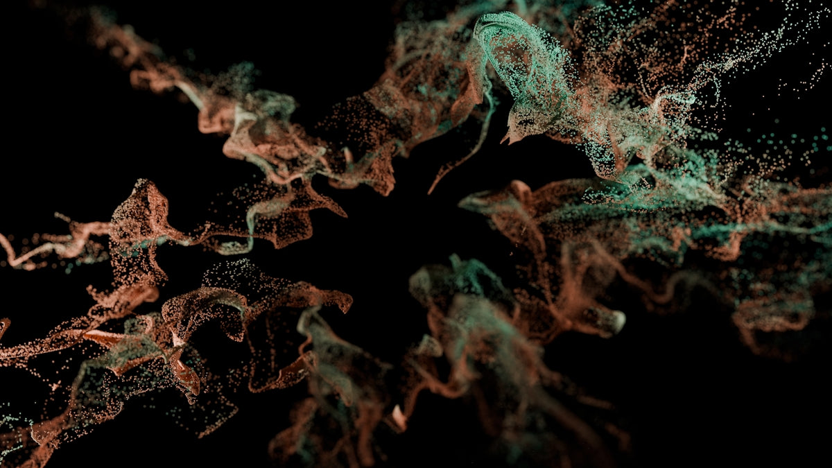 A black background with green and red swirls