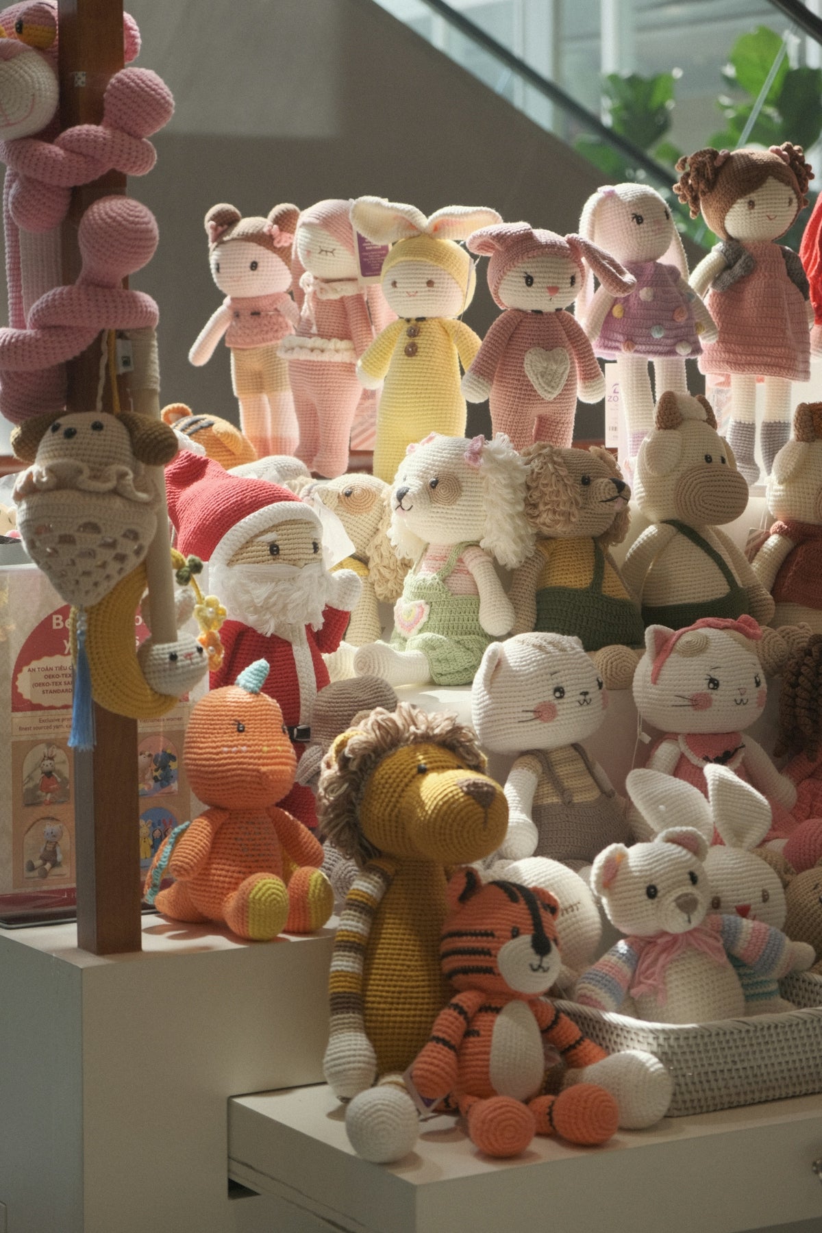 A bunch of stuffed animals are on display