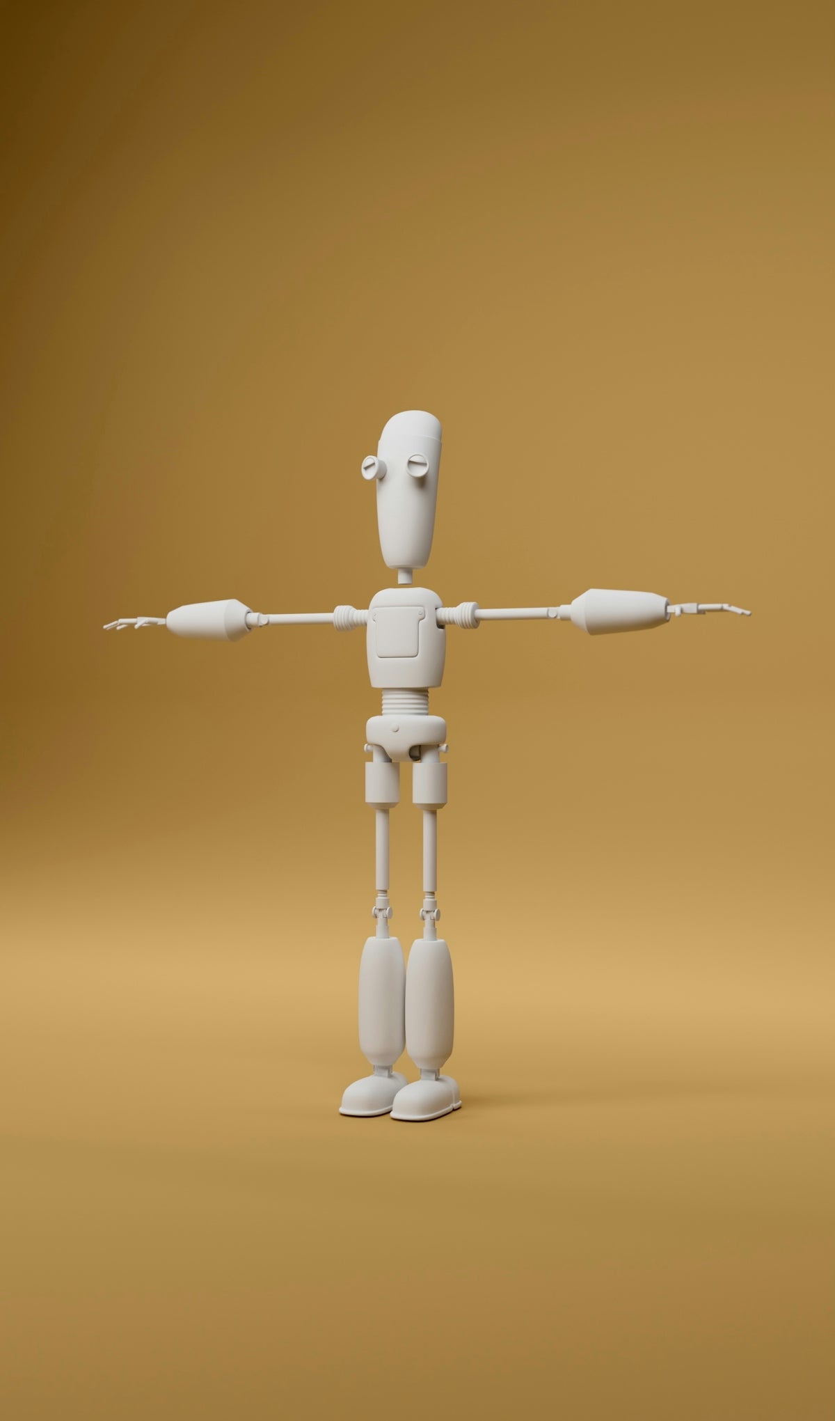A stylized, white mannequin stands with arms outstretched.