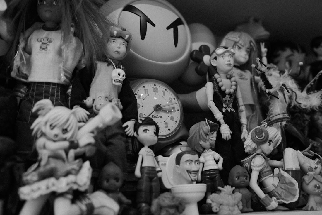 A collection of toys and dolls.