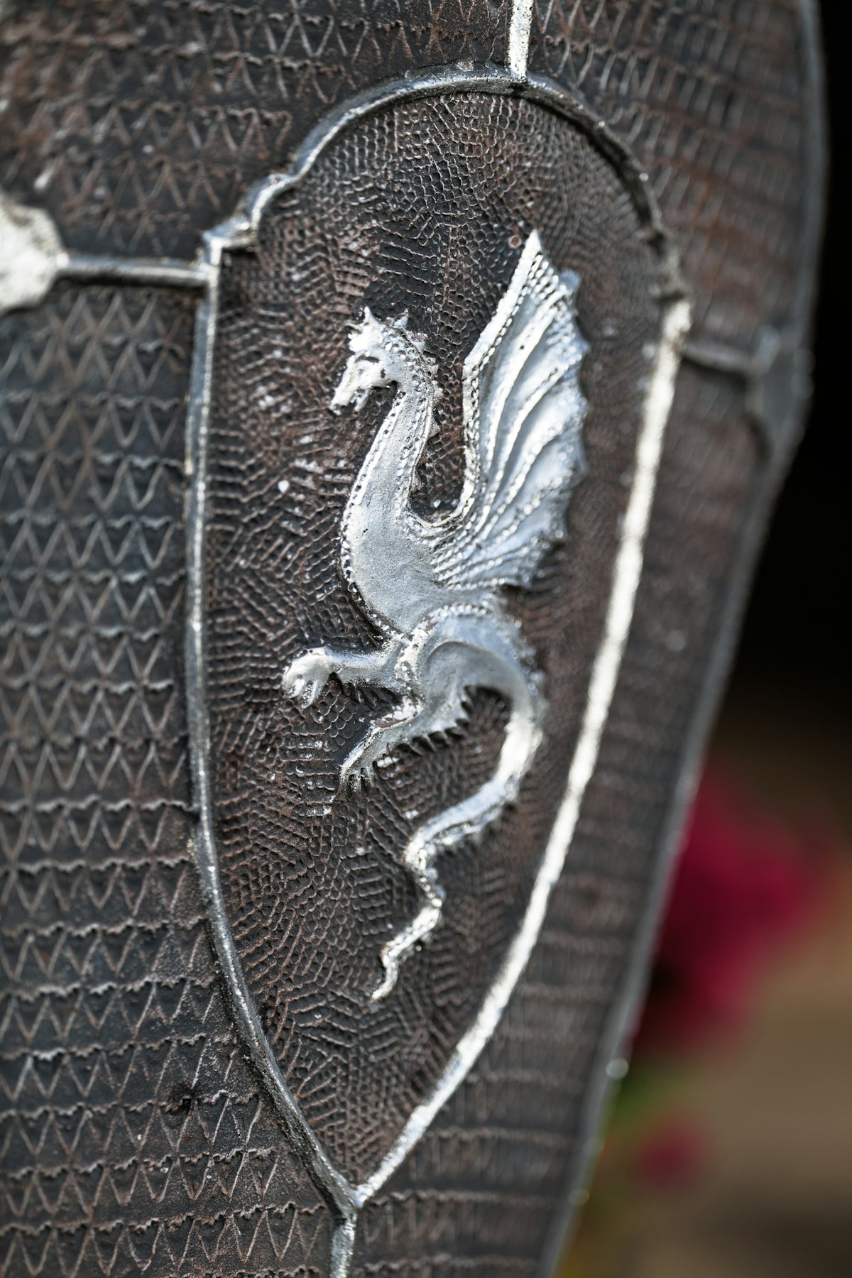 Silver dragon emblem on a textured shield
