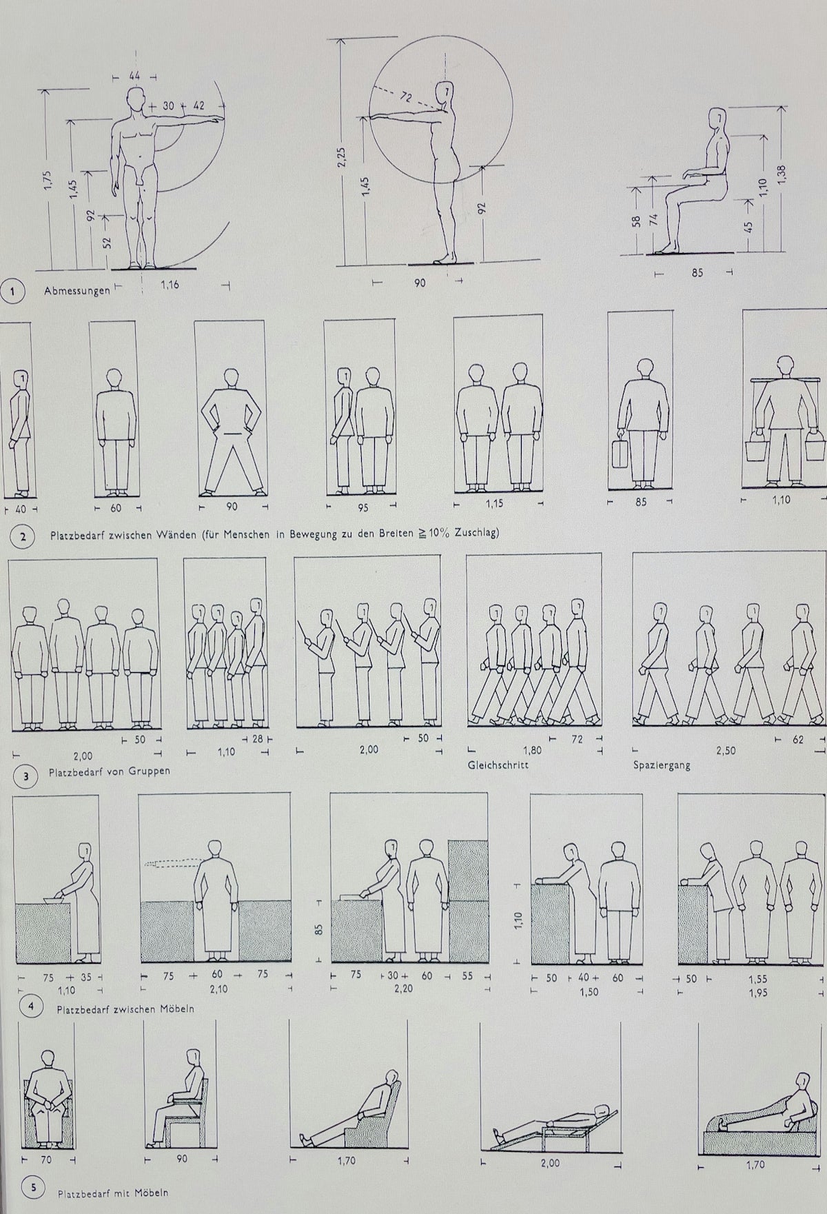 Architectural diagrams of human figures in various poses