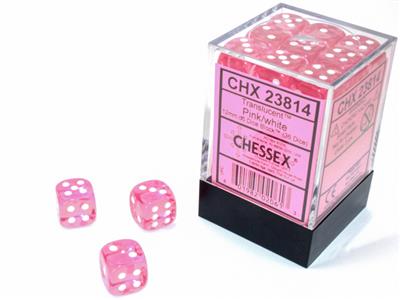 Chessex Translucent Pink/White 12mm d6 Tärningar Block (36 Tärningar) Chessex