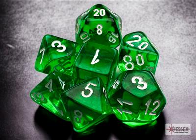Chessex Genomskinliga Mini-Polyhedral Grön/Vit 7-Tärningsset Chessex