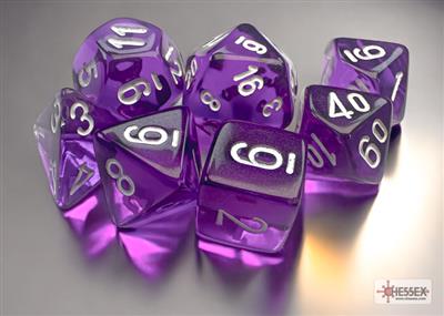 Chessex Genomskinlig Mini-Polyhedral Lila/Vita 7-Tärningsset Chessex
