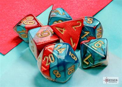 Chessex Gemini Mini-Polyhedral Red-Teal/Guld 7-Tärningsset Chessex