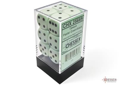 Chessex Opaque Pastel Green/Black 16mm d6 Tärningsblock (12 tärningar) Chessex