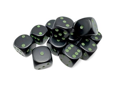 Opaque Svart/Grön 16mm d6 Tärningsblock (12 tärningar) Chessex