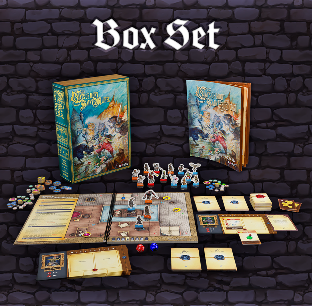 The Cats of Mont Saint Michel BOX Set - Complete Gaming Experience with Scenario Book, Character Sheets, Tokens, and Standees
