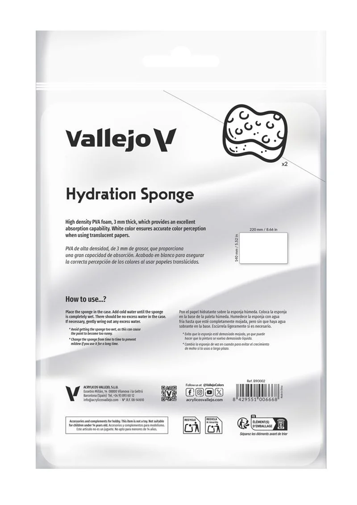 Vallejo - Wet Palette Tillbehör - 2 Återanvändbara Hydrering Svampar (220 x 140 mm)