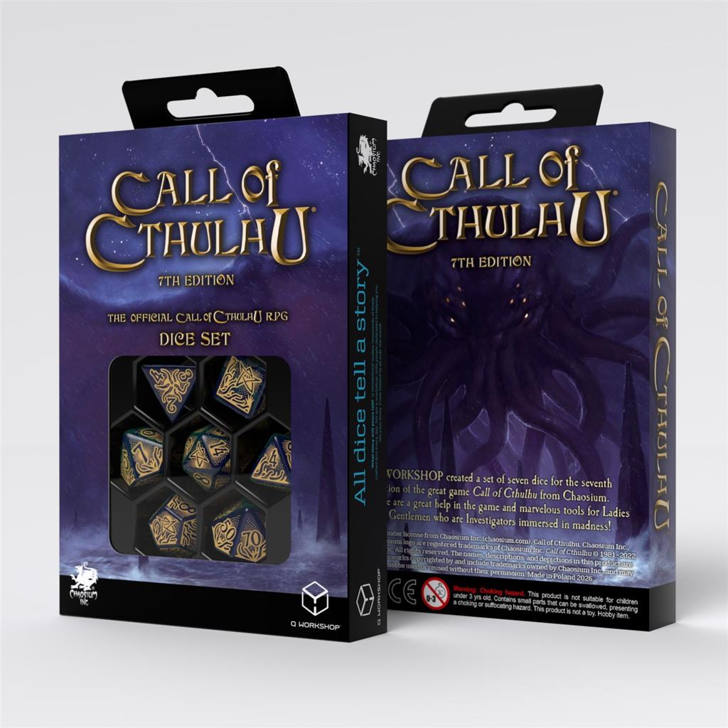 Call of Cthulhu 7:e utgåvan – tärningsset i blågrönt och guld