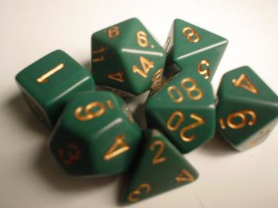 Chessex Opaque Polyhedral 7-tärningsset - Dusty Green med Guld Chessex