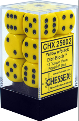 Chessex Opaque 16mm d6 Dice Blocks - Gula med svarta (12 Dice) Chessex