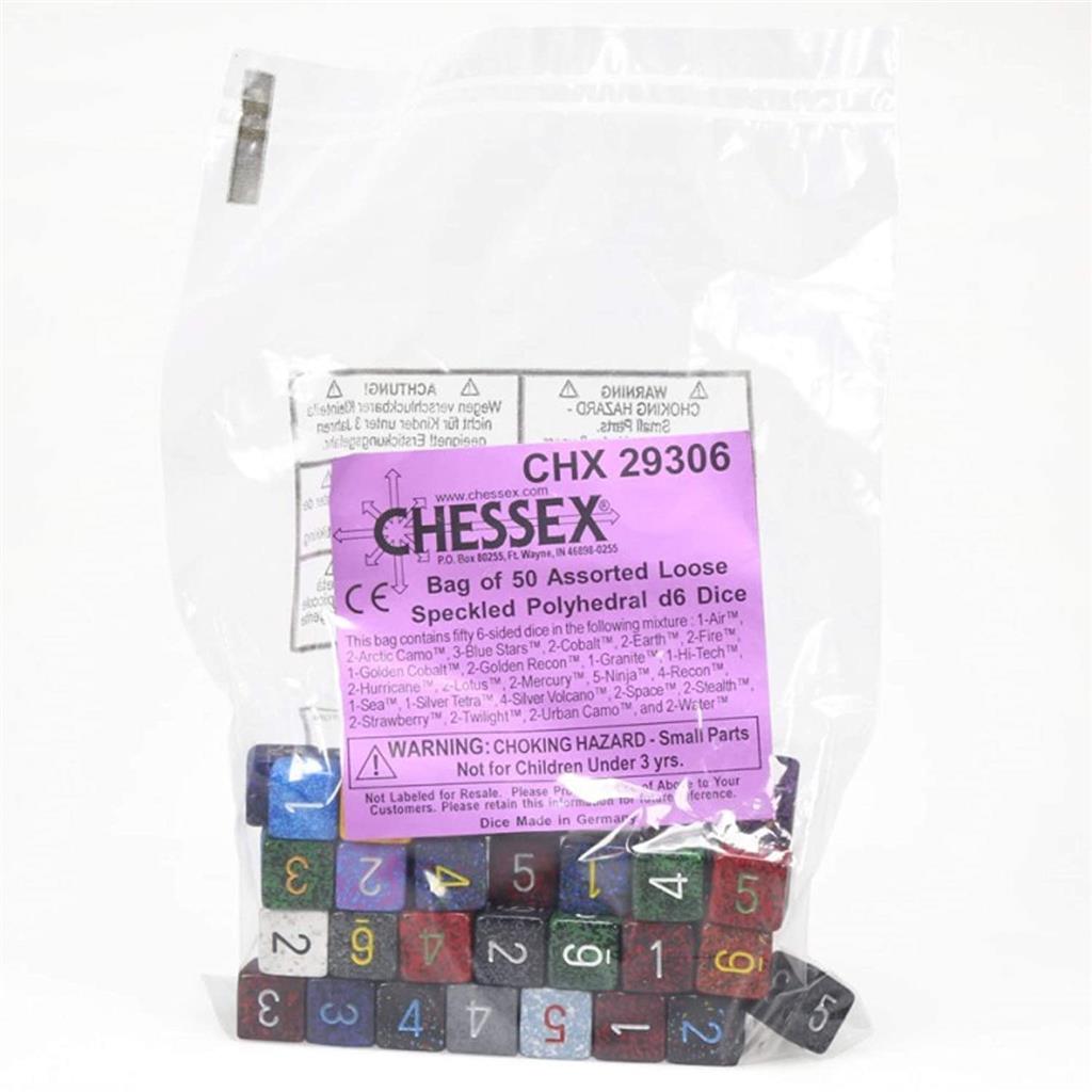 Chessex Speckled Påse med 50 Blandade Tärningar - Lös Specklad Polyhedral d6 Tärningar Chessex