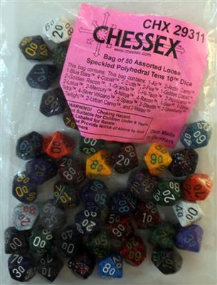 Chessex Speckled Påsar med 50 Assorterande Tärningar - Lösa Specklade Poly Tärningar 10 St