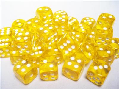 Chessex Translucent 12mm d6 Tärningsblock (36 Tärningar) - Gul med Vit Chessex