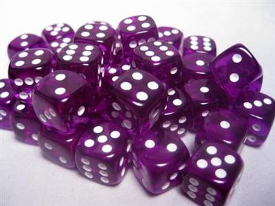 Chessex Translucent 12mm d6 med pips Tärningsblock (36 Tärningar) - Lila med Vita Chessex