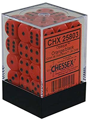 Chessex Opaque 12mm d6 med pips Tärningsblock (36 Tärningar) - Orange med svart Chessex