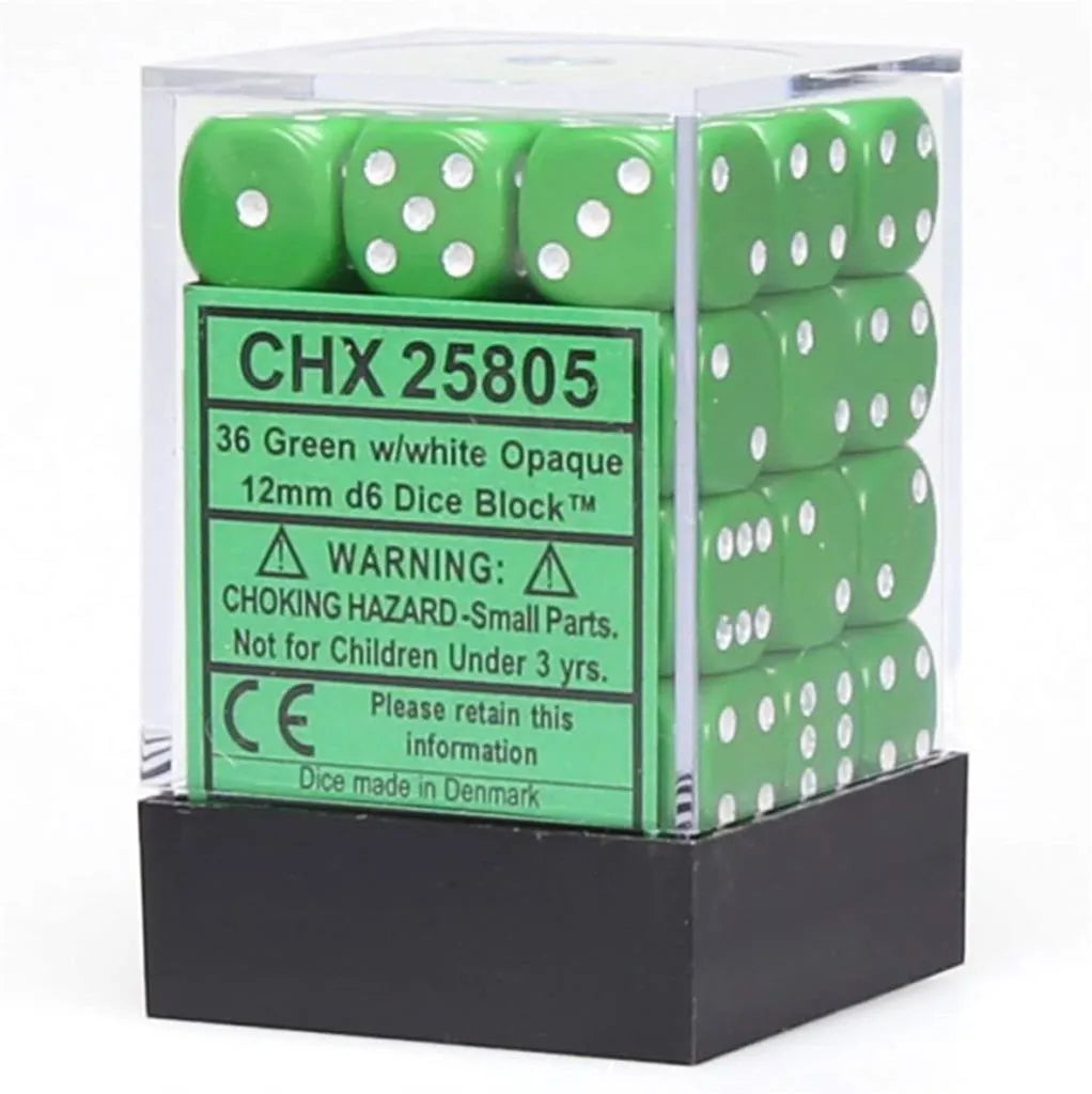 Chessex Opaque 12mm d6 Dice Blocks - Grön med Vita Prickar (36 Dice) Chessex