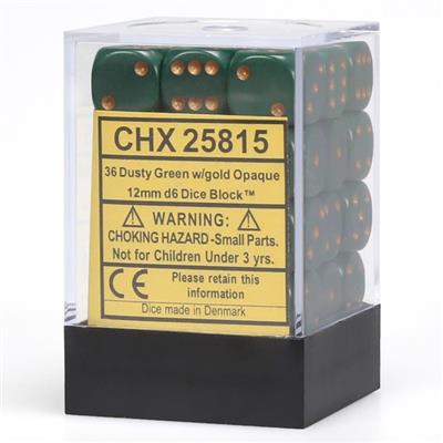 Chessex Opaque 12mm d6 Tärningar - Dusty Green med Guld (36-pack) Chessex