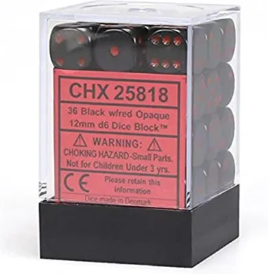 Chessex Opaque 12mm d6 Tärningar - Svart med Röd (36 Tärningar) Chessex