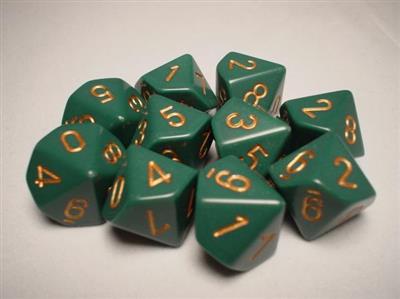 Chessex Opaque Polyhedral Ten d10 Set - Dusty Green/Guld Chessex