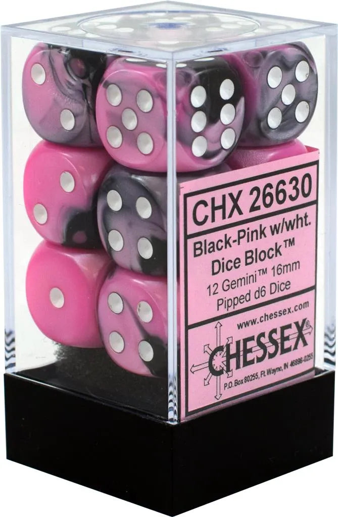 Chessex Gemini 16mm d6 med Pips Tärningsblock (12 Tärningar) - Svart-Rosa med Vitt Chessex