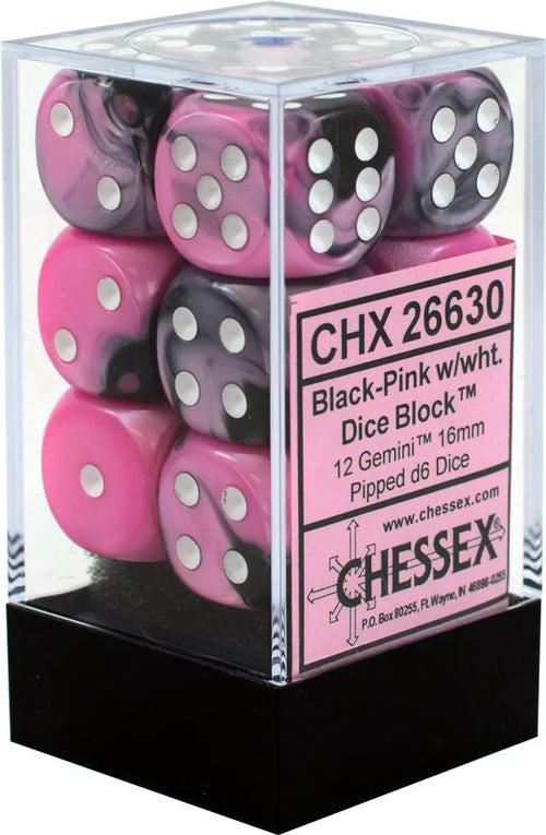 Chessex Gemini 16mm d6 med Pips Tärningsblock (12 Tärningar) - Svart-Rosa med Vitt Chessex