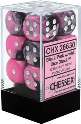 Chessex Gemini 16mm d6 med Pips Tärningsblock (12 Tärningar) - Svart-Rosa med Vitt Chessex