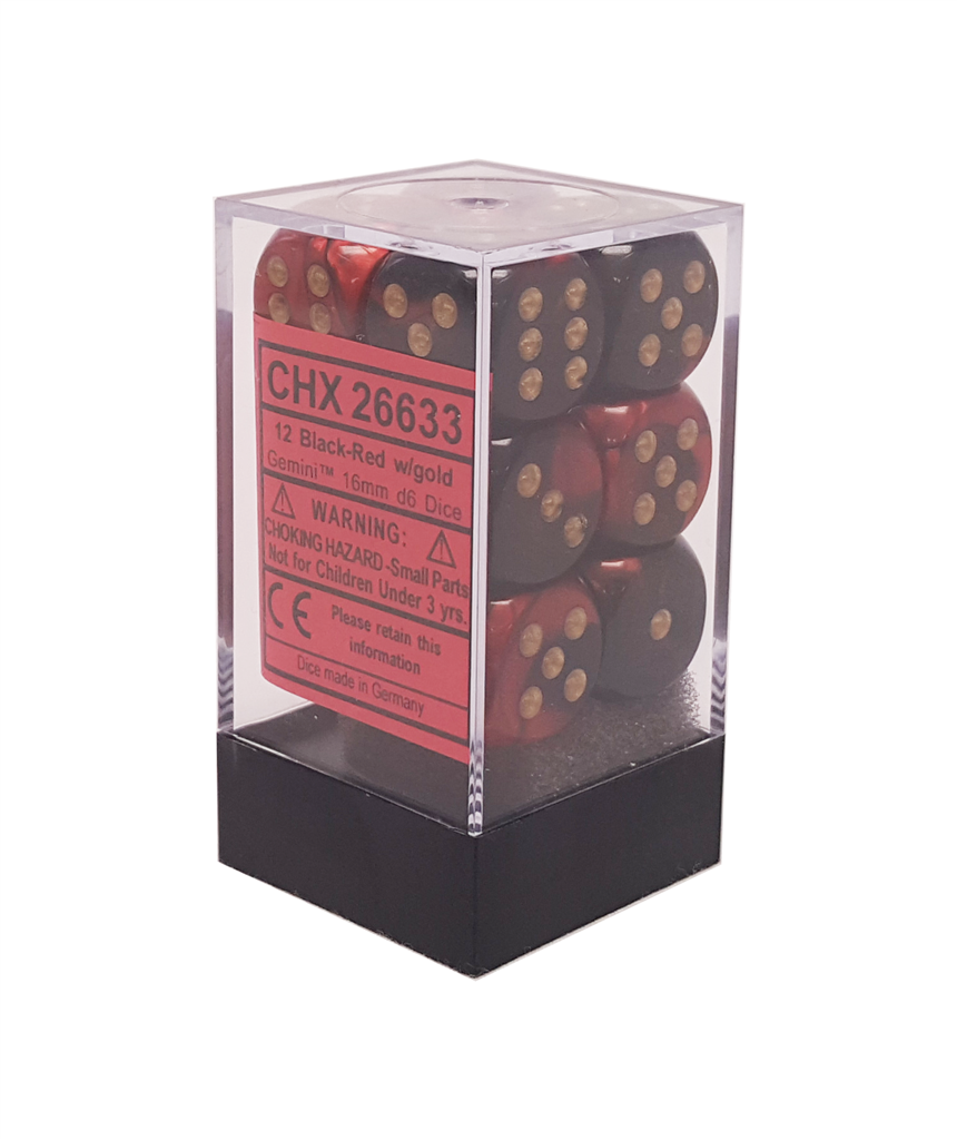 Chessex Gemini 16mm d6 Dice Blocks (12 Dice) - Black-Red w/gold Chessex