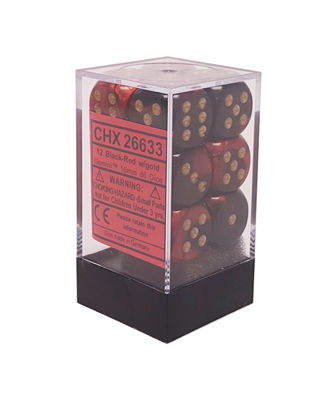Chessex Gemini 16mm d6 Dice Blocks (12 Dice) - Black-Red w/gold Chessex