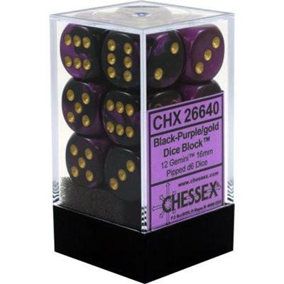 Chessex Gemini 16mm d6 Dice Blocks - Black-Purple with Gold (12 Dice) Chessex