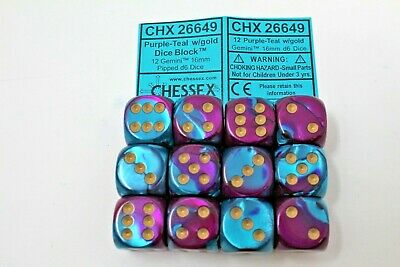 Chessex Gemini 16mm d6 med pips Tärningsblock (12 Tärningar) - Lila-Turkos med Guld Chessex