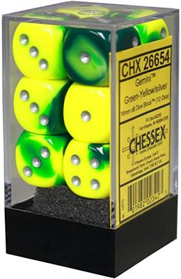 Chessex Gemini 16mm d6 med pips Tärningsblock (12 tärningar) - Grön-Gul med silver Chessex