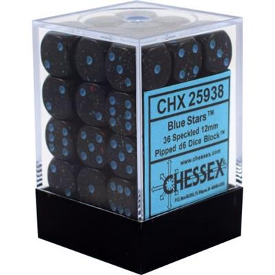 Chessex Spräckliga 12mm d6 Tärningsblock med Pips (36 Tärningar) - Blå Stjärnor Chessex