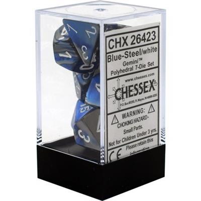 Chessex Gemini Polyhedral 7-Die Set - Blå-Stål med vit Chessex