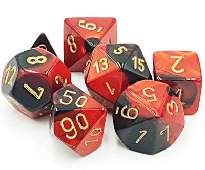 Chessex Gemini Polyhedral 7-Tärningsset - Svart-Röd med Guld Chessex