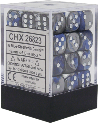 Chessex Gemini 12mm d6 Dice Blocks - Blue-Steel with White (36 Dice) Chessex