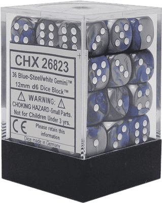 Chessex Gemini 12mm d6 Dice Blocks - Blue-Steel with White (36 Dice) Chessex
