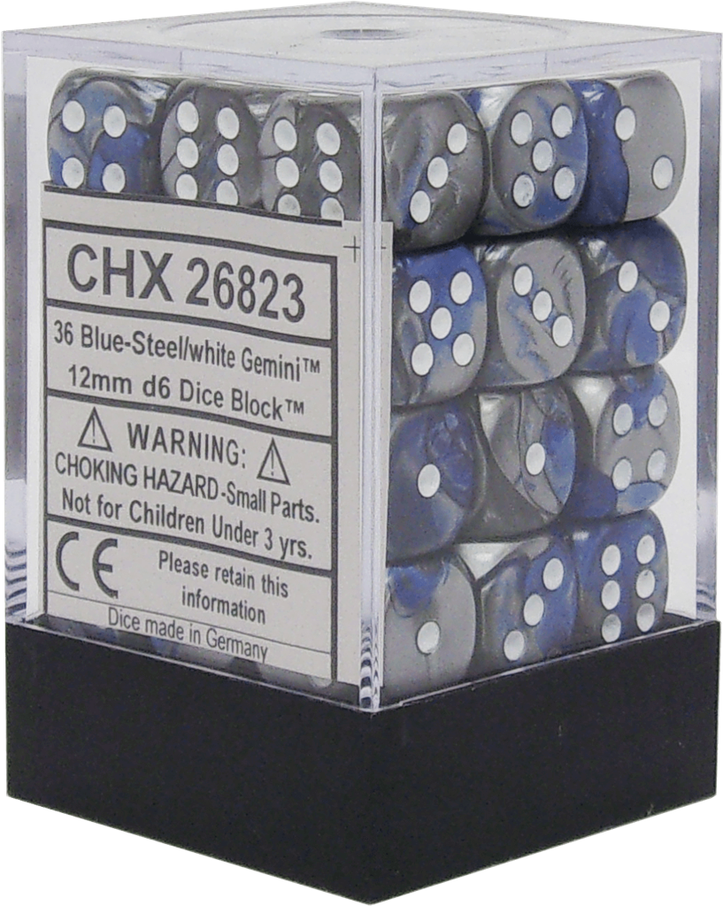 Chessex Gemini 12mm d6 Dice Blocks - Blue-Steel with White (36 Dice) Chessex