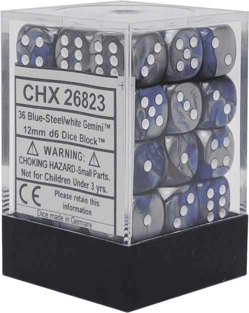Chessex Gemini 12mm d6 Dice Blocks - Blue-Steel with White (36 Dice) Chessex