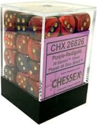 Chessex Gemini 12mm d6 Tärningsblock med Pips (36 Tärningar) - Lila-Röd med Guld Chessex