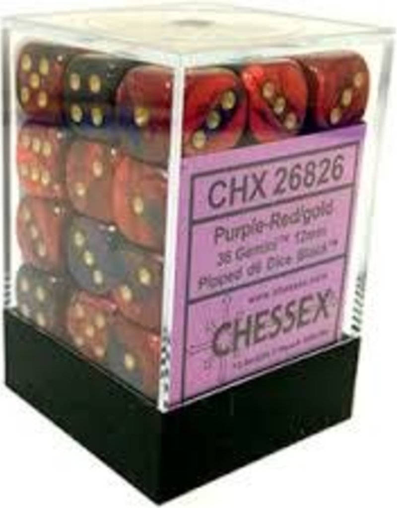 Chessex Gemini 12mm d6 Tärningsblock med Pips (36 Tärningar) - Lila-Röd med Guld Chessex