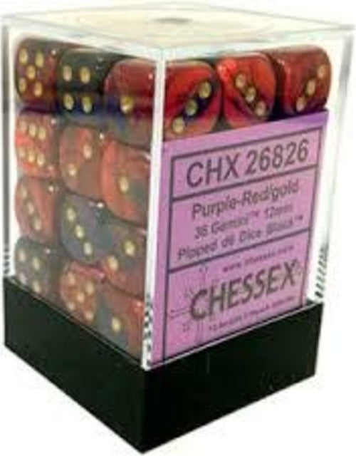 Chessex Gemini 12mm d6 Tärningsblock med Pips (36 Tärningar) - Lila-Röd med Guld Chessex